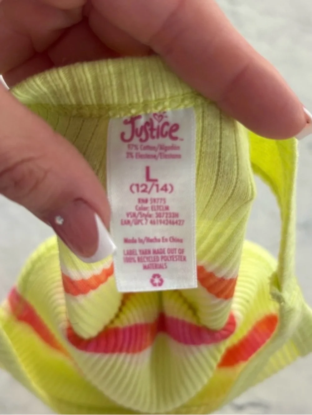 Justice Neon Lime Ribbed Tank with Pink and Orange Stripes